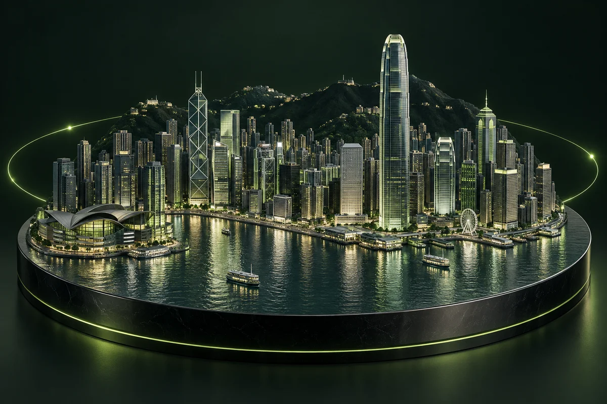 Stylized Hong Kong skyline surrounded by a luminous ring